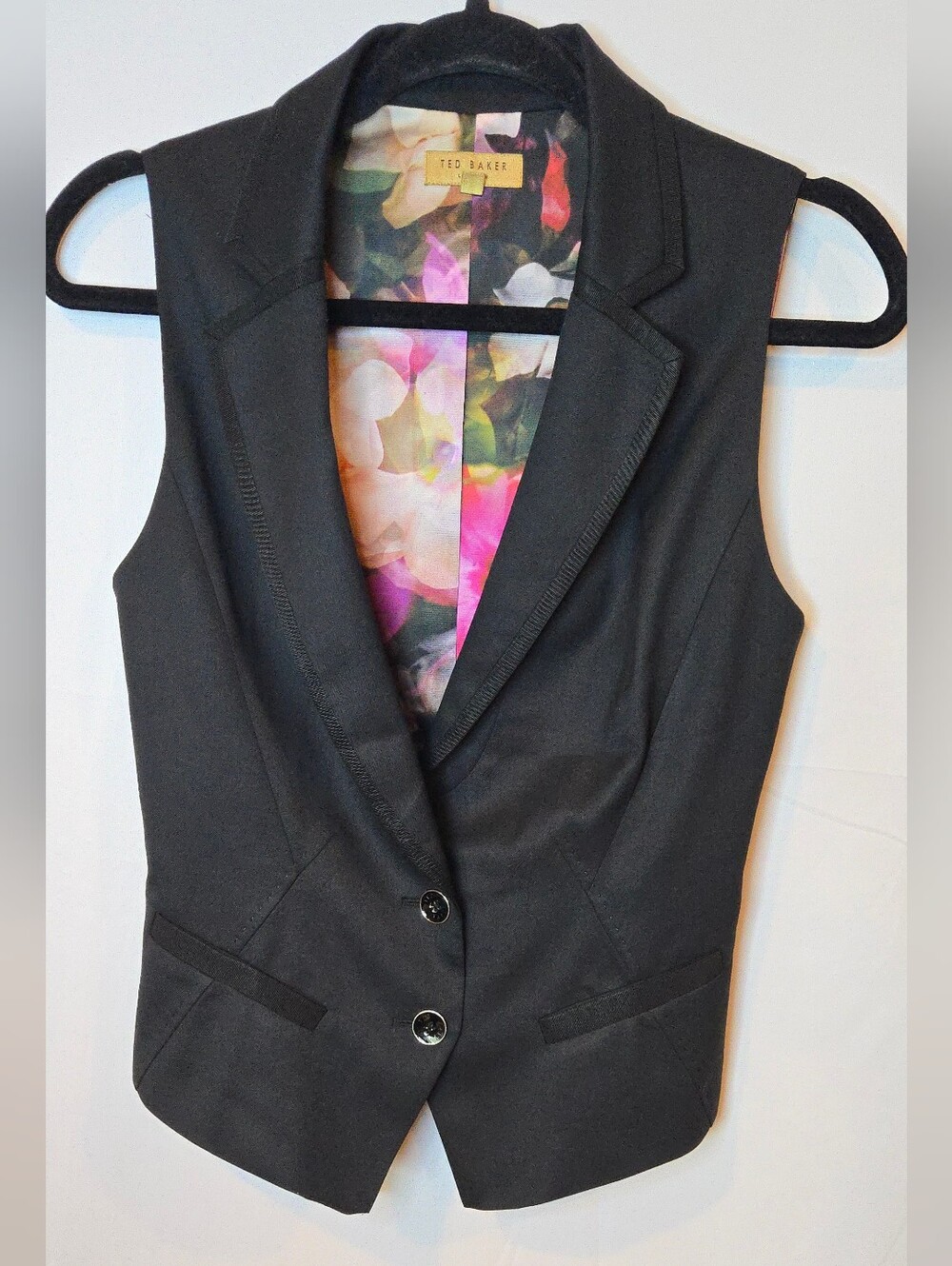 Ted Baker Black Wool Sleeveless Tailored Button Blazer Vest Floral Panel 1/Small